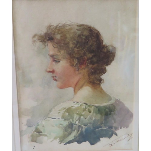 352 - Shoulder length portrait of young lady, watercolour, 21.5 x 16.5cm