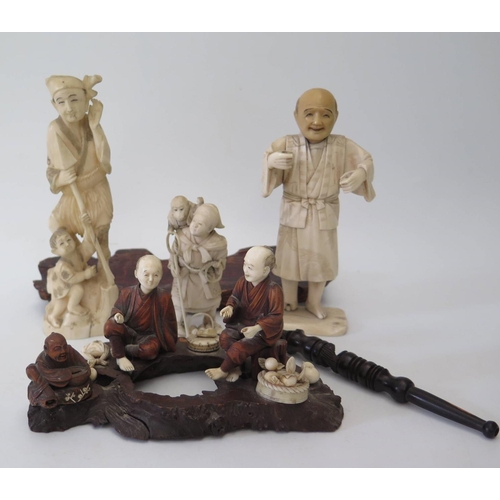 362 - A Collection of Antique Japanese Ivory and Boxwood Okimono including a figural group UK BIDS ONLY