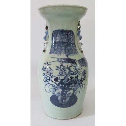 368 - A Nineteenth Century Chinese Celadon Porcelain Baluster Vase with blue and white bird and foliate de... 