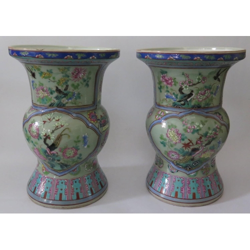 370 - A Pair of Nineteenth Cantonese Zun Shaped Celadon Porcelain Vases decorated with birds and foliage, ... 
