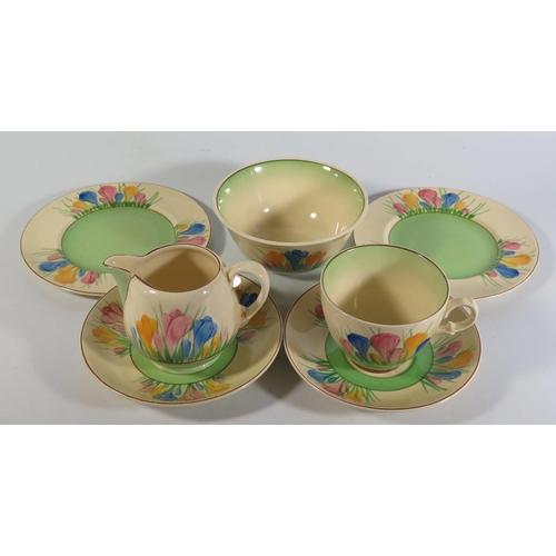 384 - Seven Pieces of Clarice Cliff Spring and Crocus Pattern Teaware