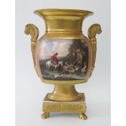 389 - A Nineteenth Century French Empire Style Vase with twin gilt lion mask handles and cartouche depicti... 