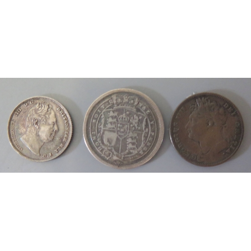 301g - A George III 1816 Silver Shilling, 1831 Sixpence and1826 Farthing