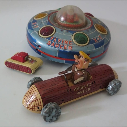 498 - Modern toys, tinplate flying saucer and 2 others