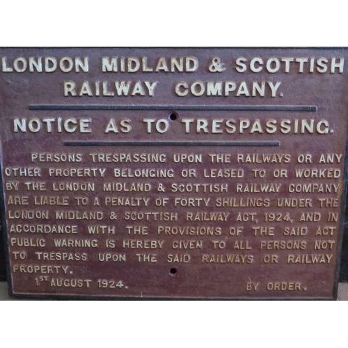 511 - An original London Midland and Scottish railway company notice as to trespassing cast metal sign dat... 