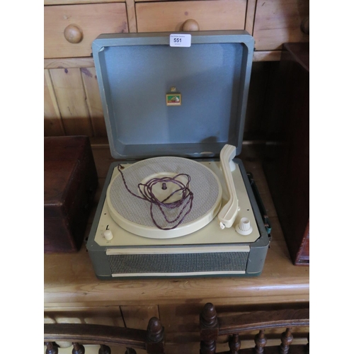 551 - An HMV portable record player with 16 33 45 and 78 speeds