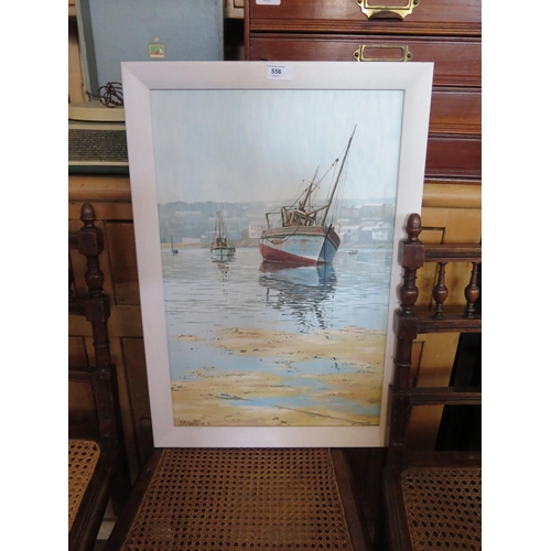 556 - Geoffrey Russell Hen??, Fishing boat at low tide, gouache