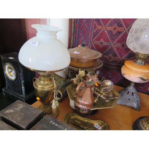 578 - A brass oil lamp, other brass, copper etc