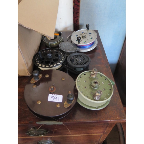 591 - A collection of fishing reels including Nectar Sea Century and a Hardy Perfect Reel etc