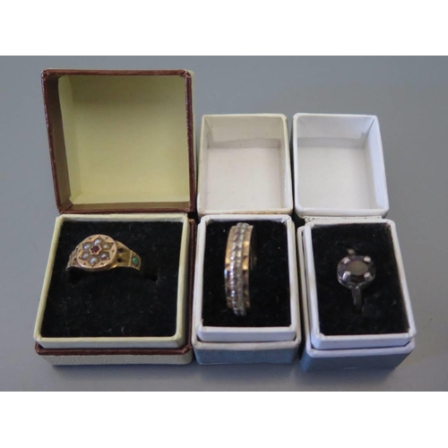 71 - A nine carat gold and diamond eternity ring, size n .5, Victorian ring and silver ring, 4.7 grams