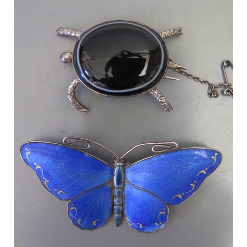 89A - Art Deco Silver and Enamel Butterfly Brooch & agate brooch in the form of a tortoise