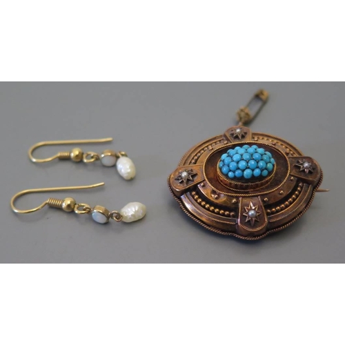 90 - A Victorian turquoise and seed pearl mounted brooch and pair of earrings