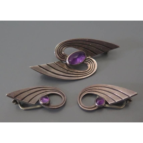 90a - Silver and Amethyst Earrings & Matching Brooch