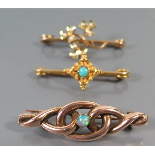 90b - 9ct Gold and Opal Brooch, turquoise brooch and seed pearl brooch, 1.5g hallmarked