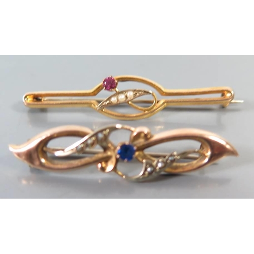 90c - 9ct Gold Sapphire and seed pearl brooch and one other, 3.1g