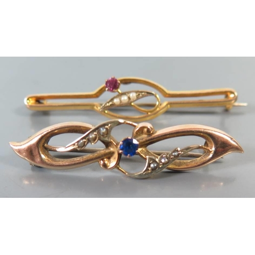 90c - 9ct Gold Sapphire and seed pearl brooch and one other, 3.1g