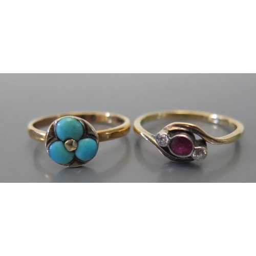 96 - An 18 carat gold Ruby and diamond crossover ring, size n and one other set with turquoise, marks rub... 