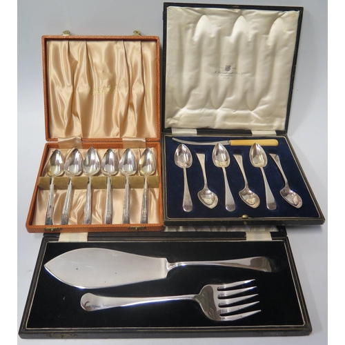 2 - A Cased Set of Silver Plated Fish Servers and two cased sets of grapefruit spoons