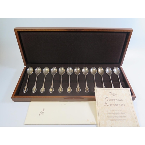 22 - An Elizabeth II Cased Set of Twelve Silver RSPB Spoons  by John Pinches, London 1975, JP, 322g, with... 