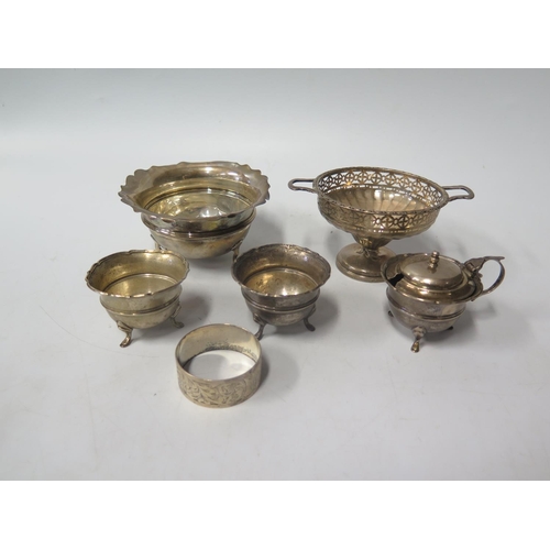 56 - A Silver Sugar Bowl, one other bowl with pierced rim, napkin ring and three part cruet, 230g