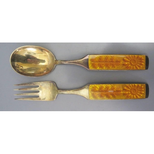 53 - An A. Michelsen Silver Gilt and Enamel Spoon and Fork, 1967, 93g