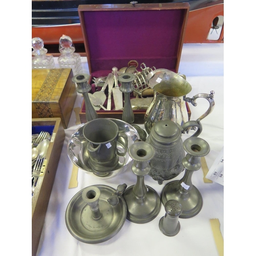 53 - Two Silver Handled Cake Slices, other silver plated cutlery, Wm. Rogers plated jug and pewter etc.