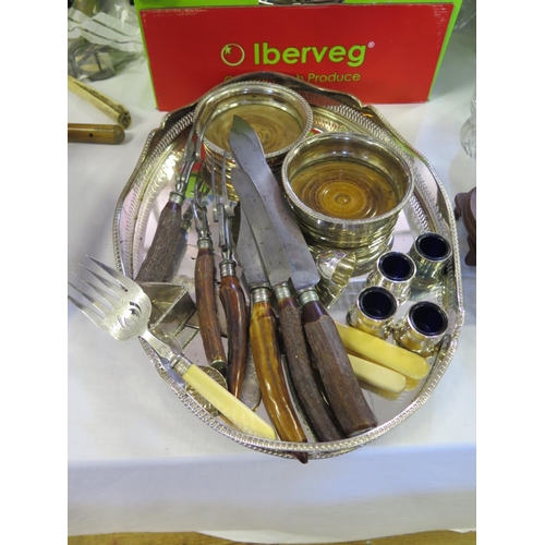 55 - A Silver Plated Tray with pierced gallery, pair of Sheffield Plate wine coasters and other plated wa... 