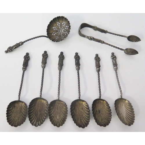 7 - A Victorian Set of Six Silver Coffee Spoons with sugar nips and sifting spoon, Birmingham 1897, 59g