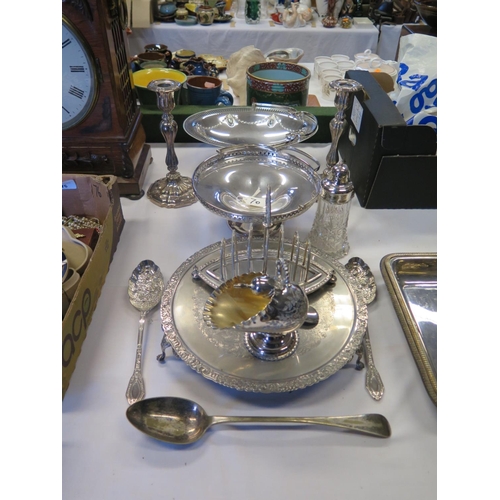 70 - A Selection of Silver Plate including pair of candlesticks, swing handled baskets, toast rack etc.