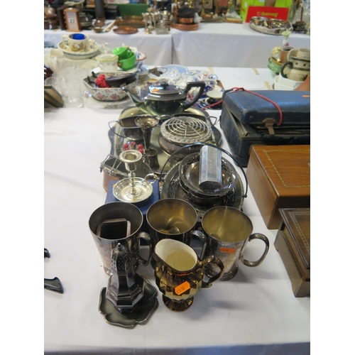 74 - An Electroplated Silver Three Part Tea Set, three beer mugs, sugar shaker etc