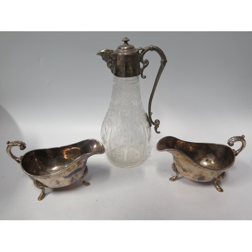 74c - A Victorian Engraved Glass Claret Jug with plated mounts and pair of silver plated sauce boats