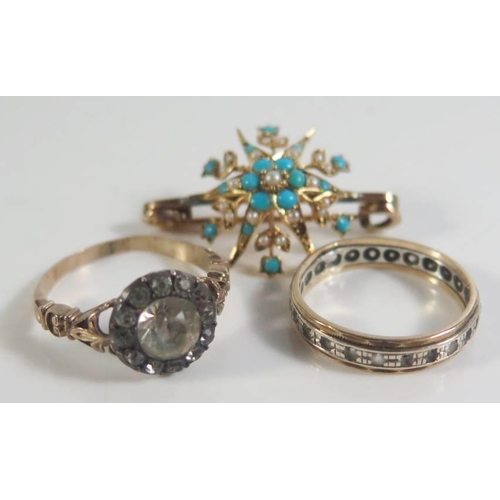 88 - Two 9ct Gold Rings 4.4g and 15ct gold, turquoise and seed pearl brooch on a 9ct gold pin , 3.3g

***... 