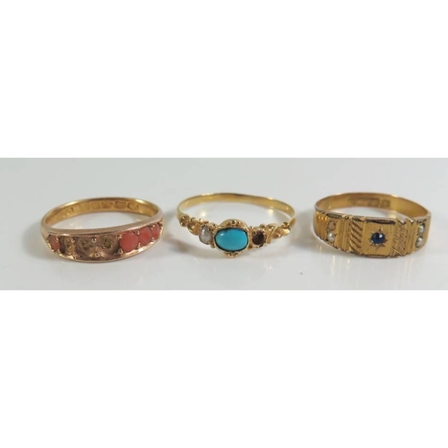 94 - A Victorian 22ct Gold and Coral Ring, 15ct sapphire and seed pearl ring and one other unmarked Victo... 