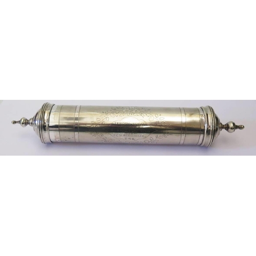 246 - A Presentation Silver Plated Cylinder Scroll Holder containing 'FAREWELL ADDRESS BY N.I.S. MILLS Ltd... 