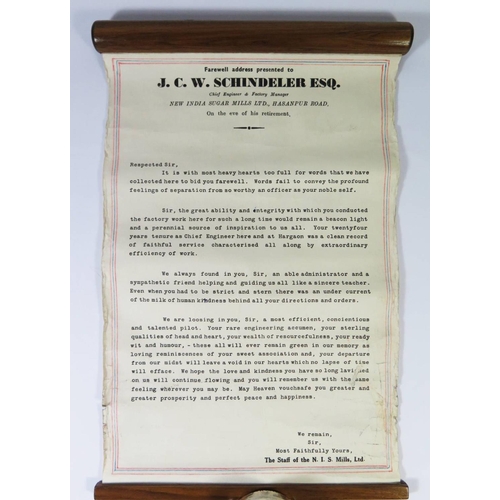 246 - A Presentation Silver Plated Cylinder Scroll Holder containing 'FAREWELL ADDRESS BY N.I.S. MILLS Ltd... 