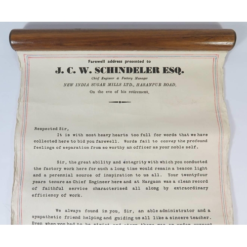 246 - A Presentation Silver Plated Cylinder Scroll Holder containing 'FAREWELL ADDRESS BY N.I.S. MILLS Ltd... 