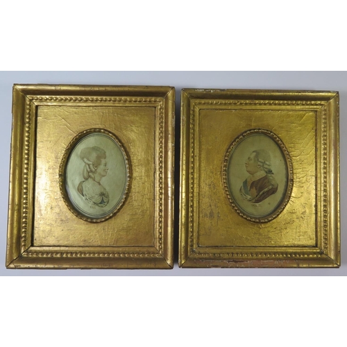 247 - A Pair of Contemporary Portraits on Silk of King George III and Queen Charlotte in gilt gesso frames... 