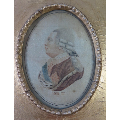 247 - A Pair of Contemporary Portraits on Silk of King George III and Queen Charlotte in gilt gesso frames... 