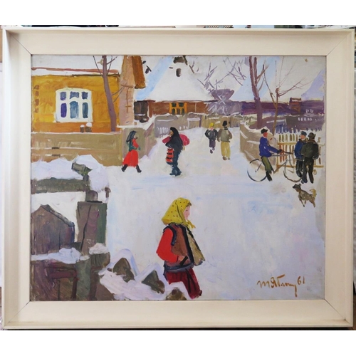 251 - Tatiana N. Yablonskaya, b. 1917-2005, 'Winter Day', oil on canvas, signed and dated 61, 89 x 74cm, f... 