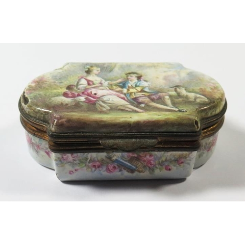 255 - An Eighteenth Century Enamel Snuff Box, the top decorated with seated amours, sides with roses and b... 