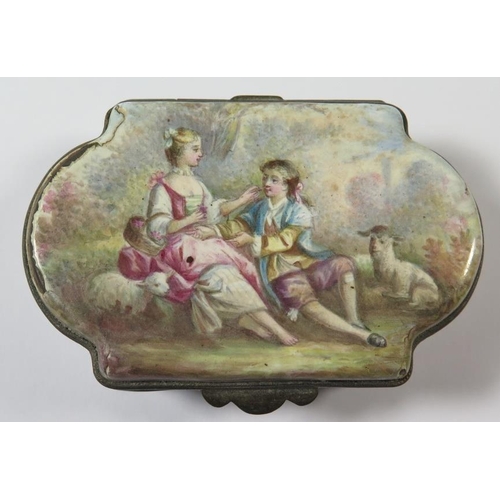 255 - An Eighteenth Century Enamel Snuff Box, the top decorated with seated amours, sides with roses and b... 