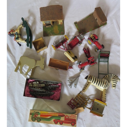 343 - A Crescent Toys Mobile Space Rocket (boxed), Dinky die cast mower, tin plate tank and other toys