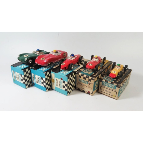 348 - Five Tri-ang Scalextric Boxed Cars: C73 Porche, C56 Lister Jaguar, C63 Lotus R E, C62 Ferrari and C5... 