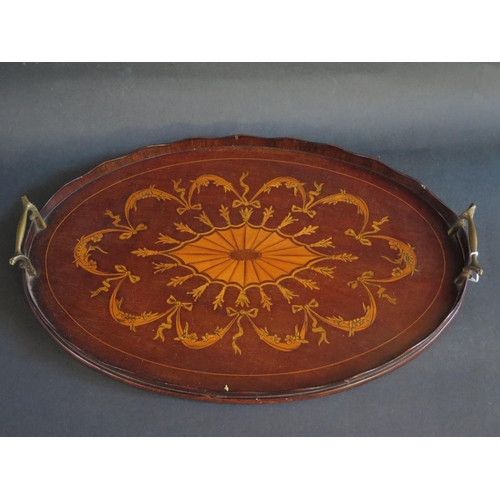 12 - A Victorian Mahogany and Satinwood Two Handled Tray with marquetry decoration, 49cm