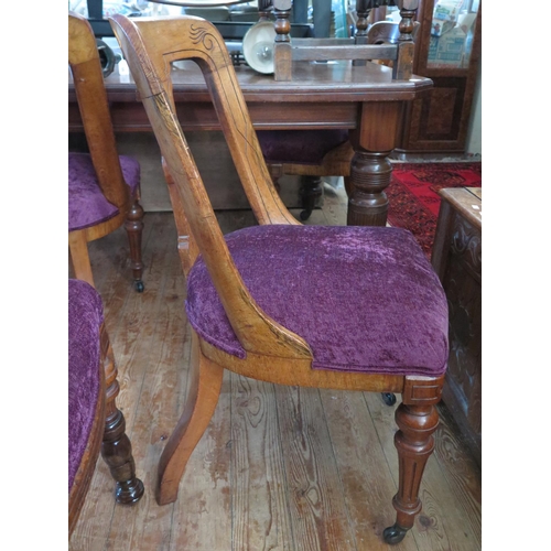 374 - A Set of Six Victorian Oak Dining Chairs with new purple plush upholstery (matching salon suite next... 