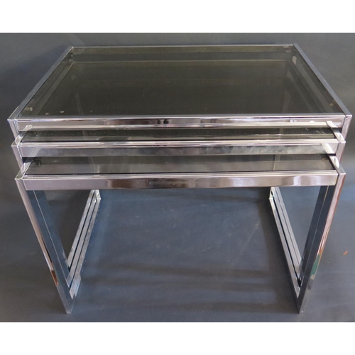 386 - A 1960's Howard Miller Style Chrome Nest of Three Tables with smoked glass tops