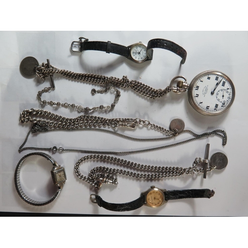 111A - Two Silver Alberts with T-bars, other chains and three wristwatches