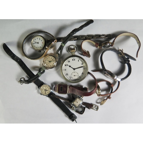 123 - A Silver Trench Watch with expanding bracelet, pocket watch and wristwatches A/F