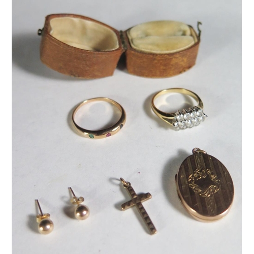 128 - A Selection of Gold Jewellery including locket, cross and pair of stud earrings, 3.9g and two costum... 