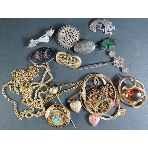 153 - A Collection of Victorian and later Silver Brooches and bag of plated jewellery